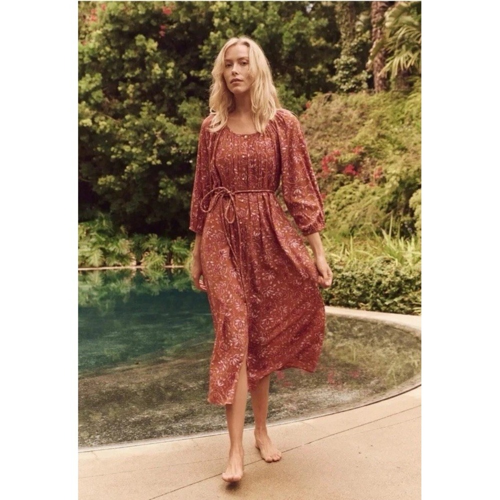 THE GREAT Medium Shoreline Coverup Floral Tan Tie-Waist Cottagecore MIDI Dress